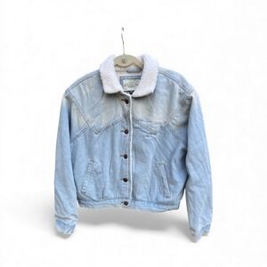 NWT Ashley Vintage Charm Denim Sherpa Lined Trucker Jacket Blue Size S